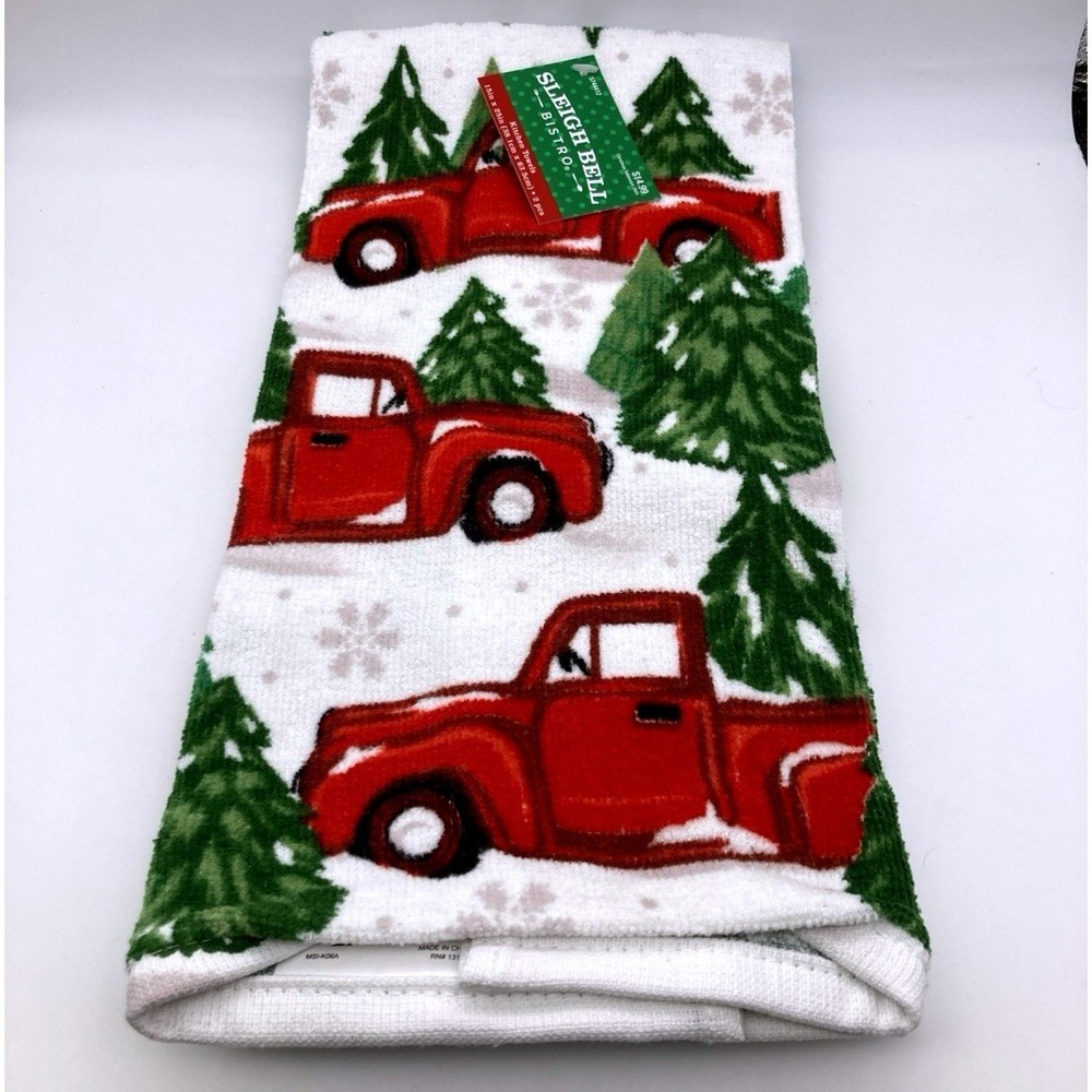 Christmas Kitchen Towels Set of 2 Red Truck & Pine Tree Farmhouse Holiday Decor